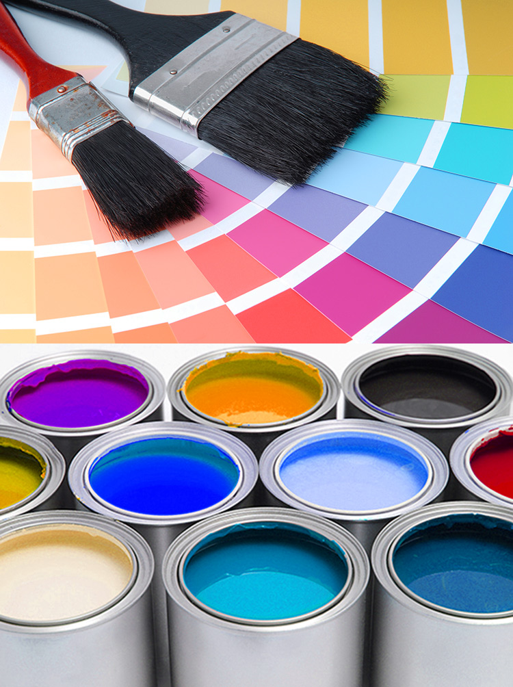 Top image is paint on top of various color tone strip spread. Bottom pic is various open lid paint bucker with various colors. 